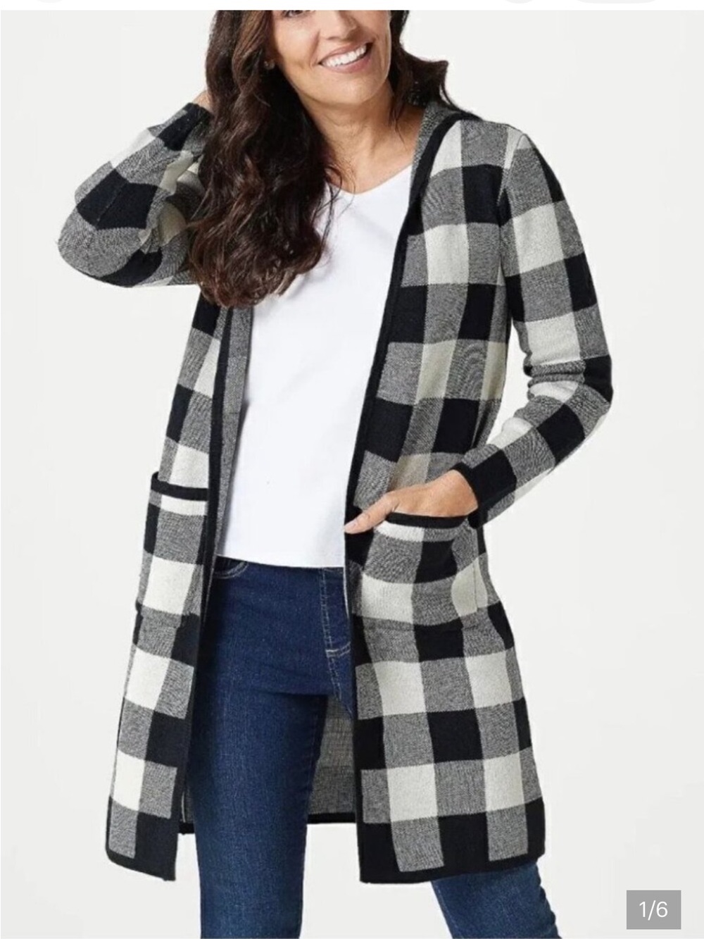 Denim & co long black and white plaid hooded duster cardigan 2X NWOT